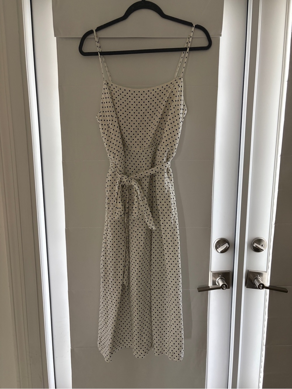Cream Polka-Dot Spaghetti-Strap Midi Dress with Tie Waist